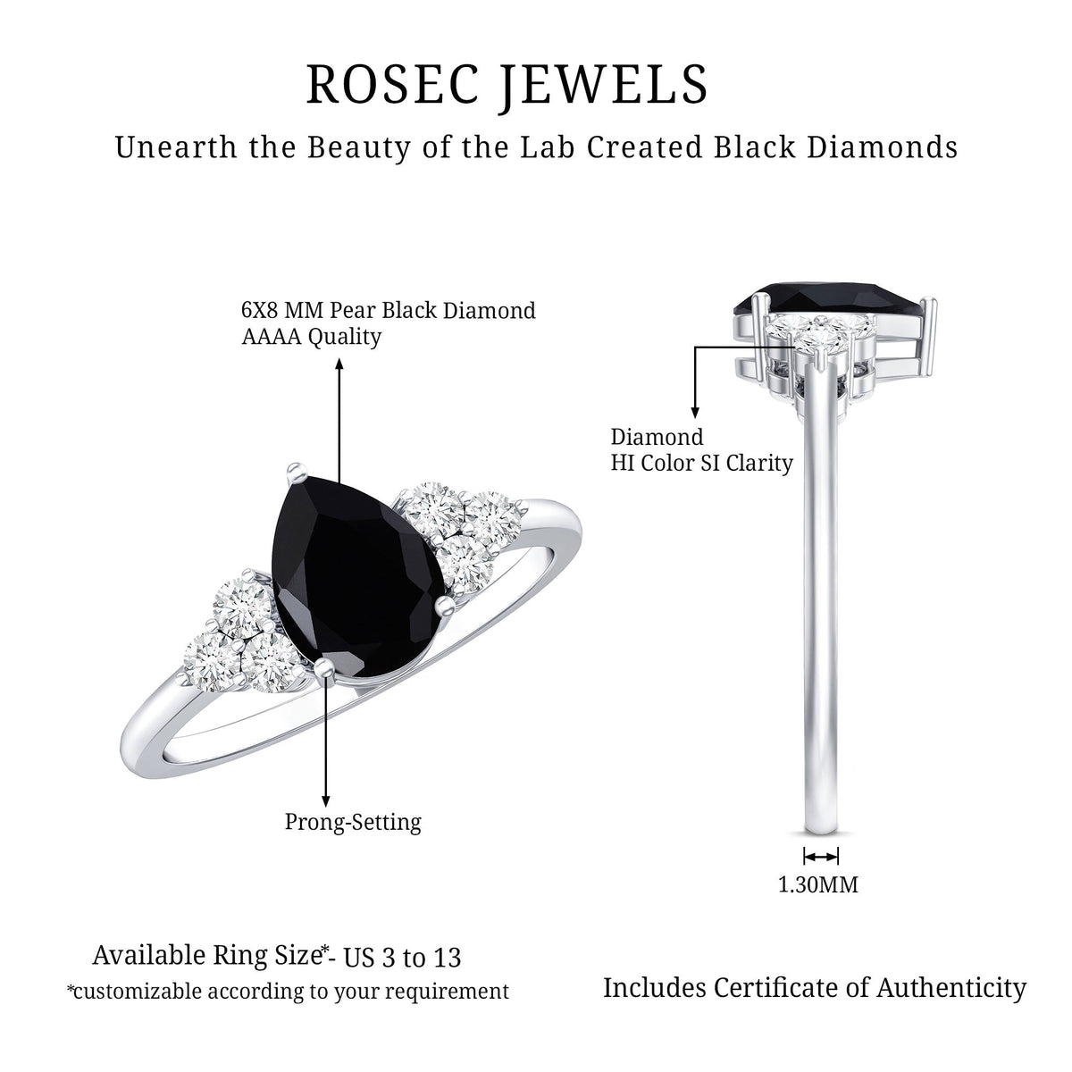 0.85 Carat Lab Grown Black Diamond Pear Shape Engagement Ring with White Diamond Trio