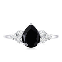 0.85 Carat Lab Grown Black Diamond Pear Shape Engagement Ring with White Diamond Trio