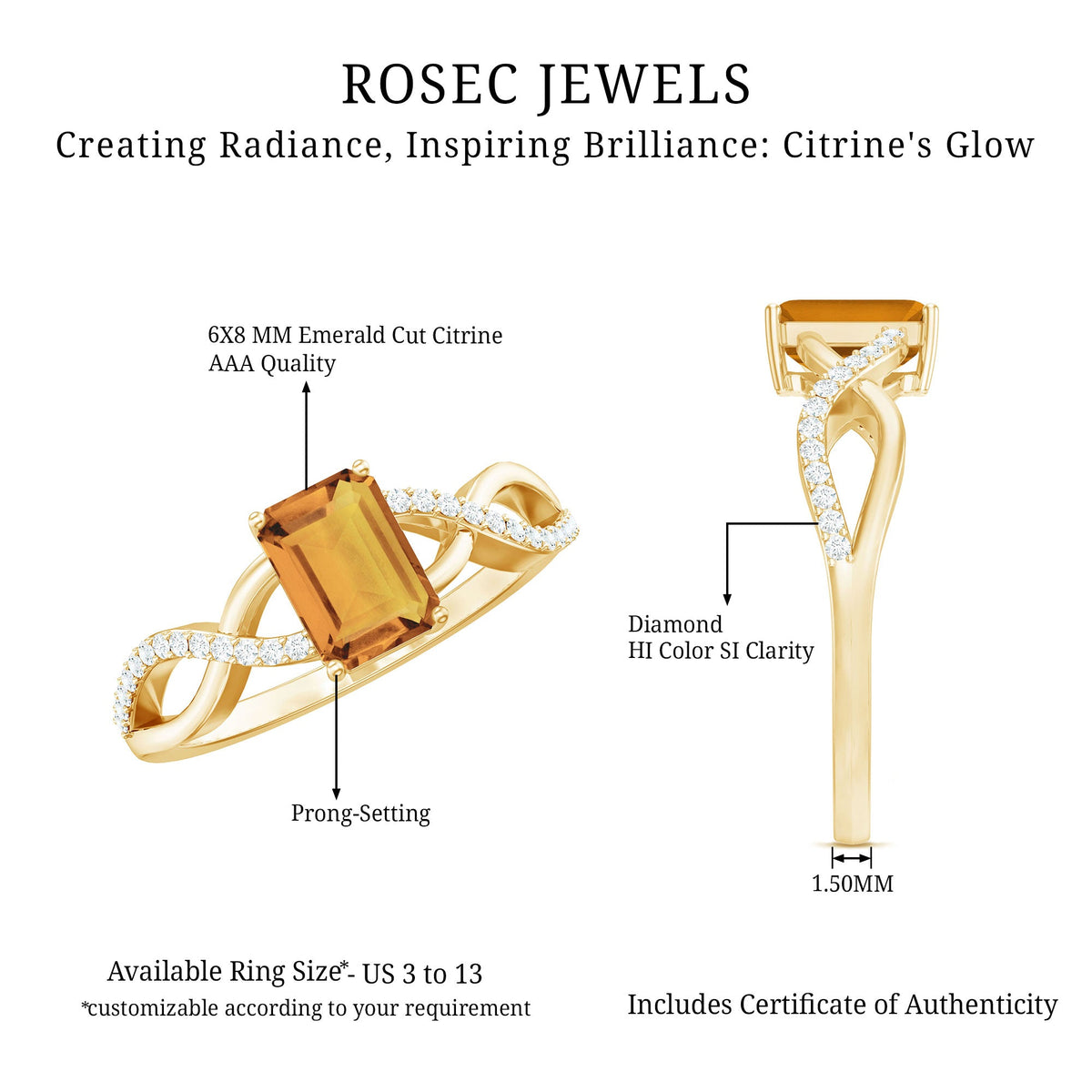 Real 6X8mm Citrine Emerald Cut Engagement Ring with Diamond Infinity Shank