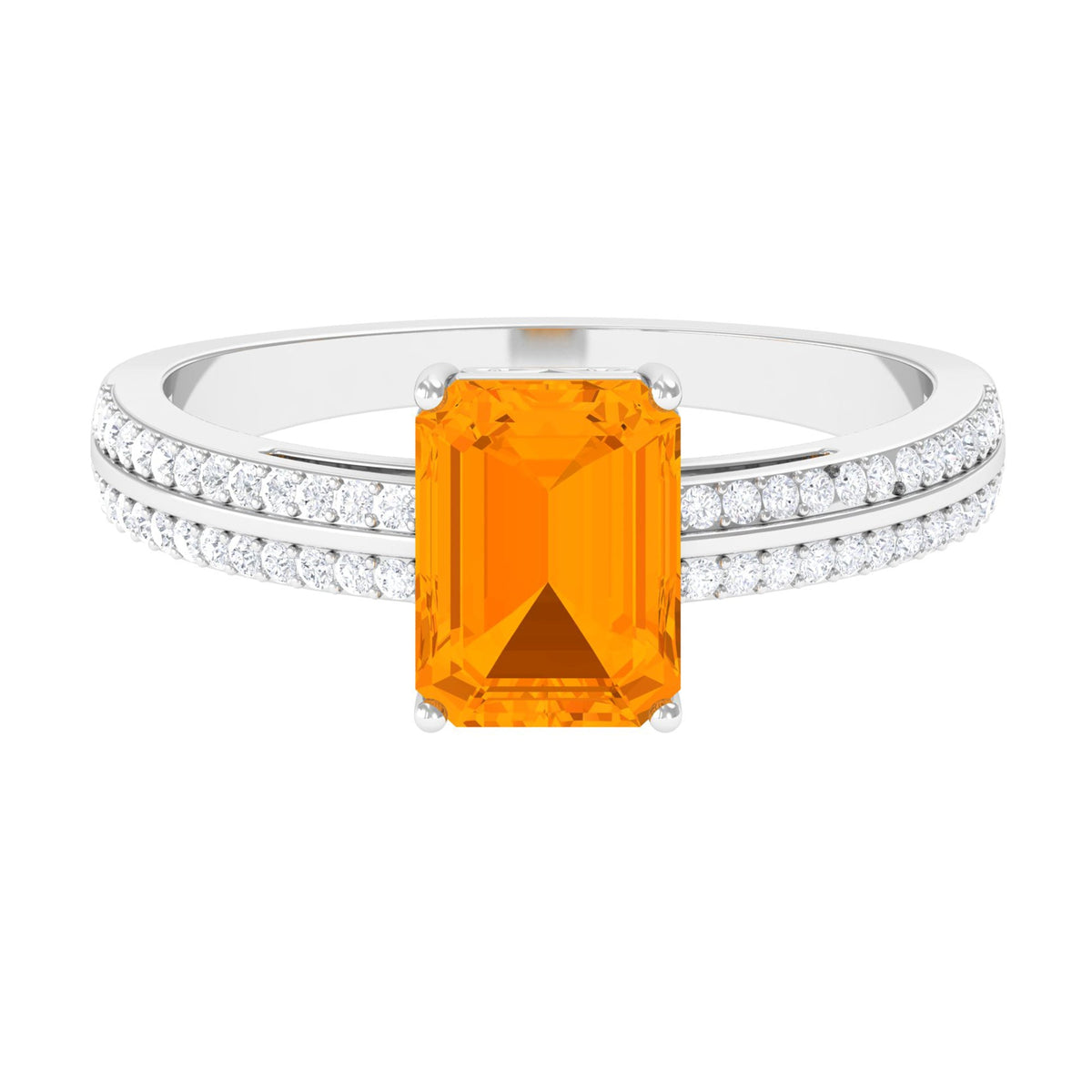 2 CT Emerald Cut Fire Opal and Diamond Side Stone Engagement Ring