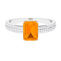 2 CT Emerald Cut Fire Opal and Diamond Side Stone Engagement Ring