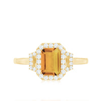Genuine Citrine Emerald Cut Engagement Ring with Diamond Halo