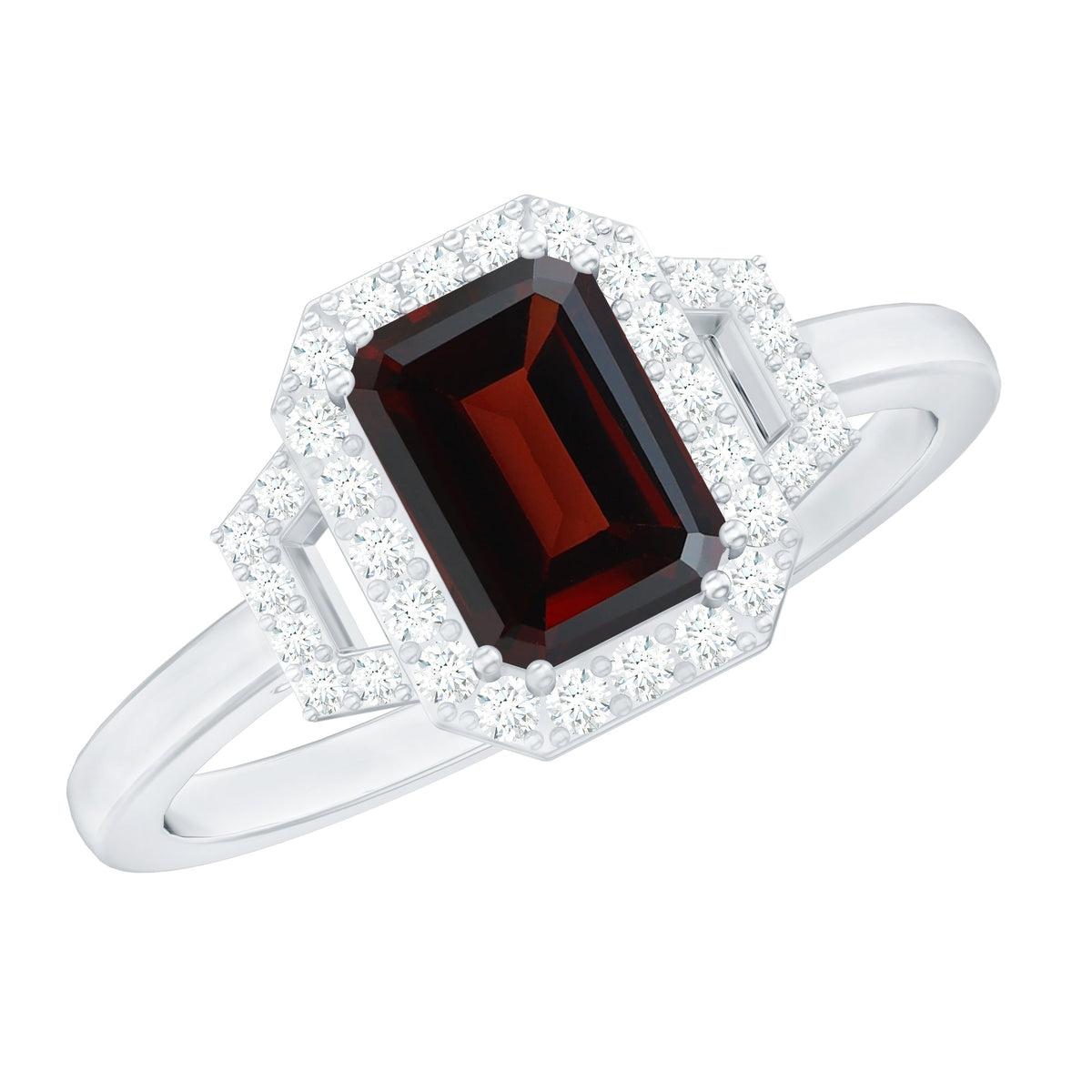 Real 6X8mm Garnet Emerald Cut Engagement Ring with Diamond Halo