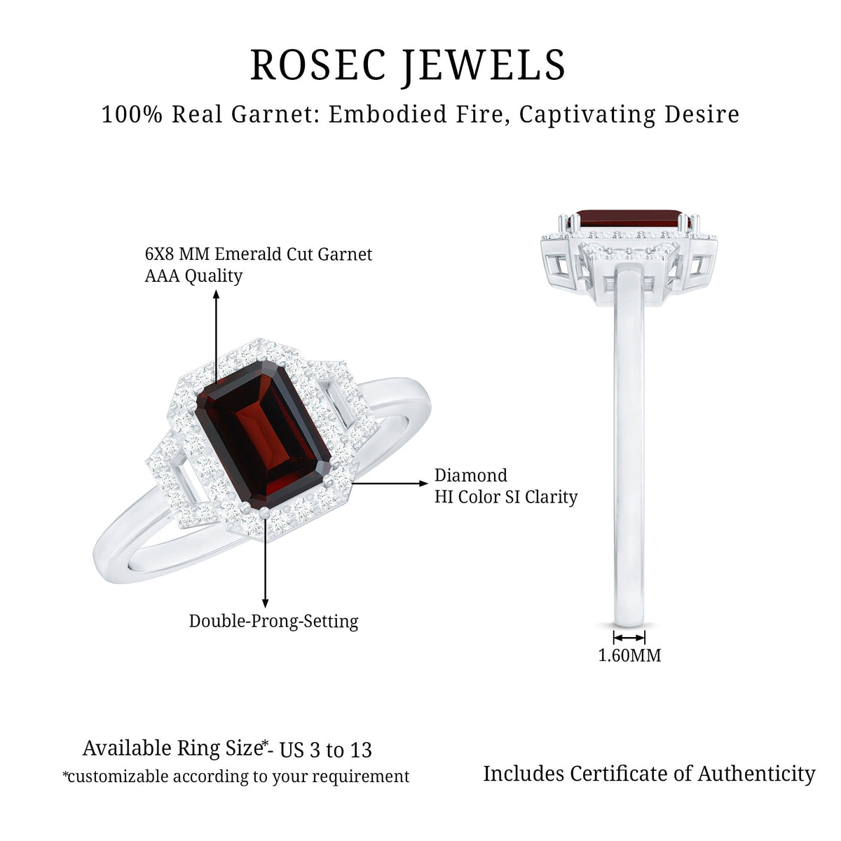 Real 6X8mm Garnet Emerald Cut Engagement Ring with Diamond Halo