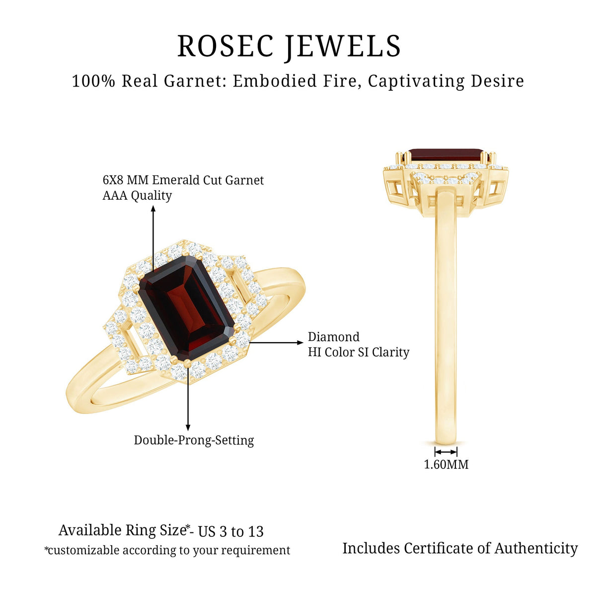 Real 6X8mm Garnet Emerald Cut Engagement Ring with Diamond Halo
