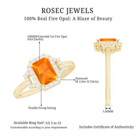 1 Carat Emerald Cut Fire Opal Engagement Ring with Diamond