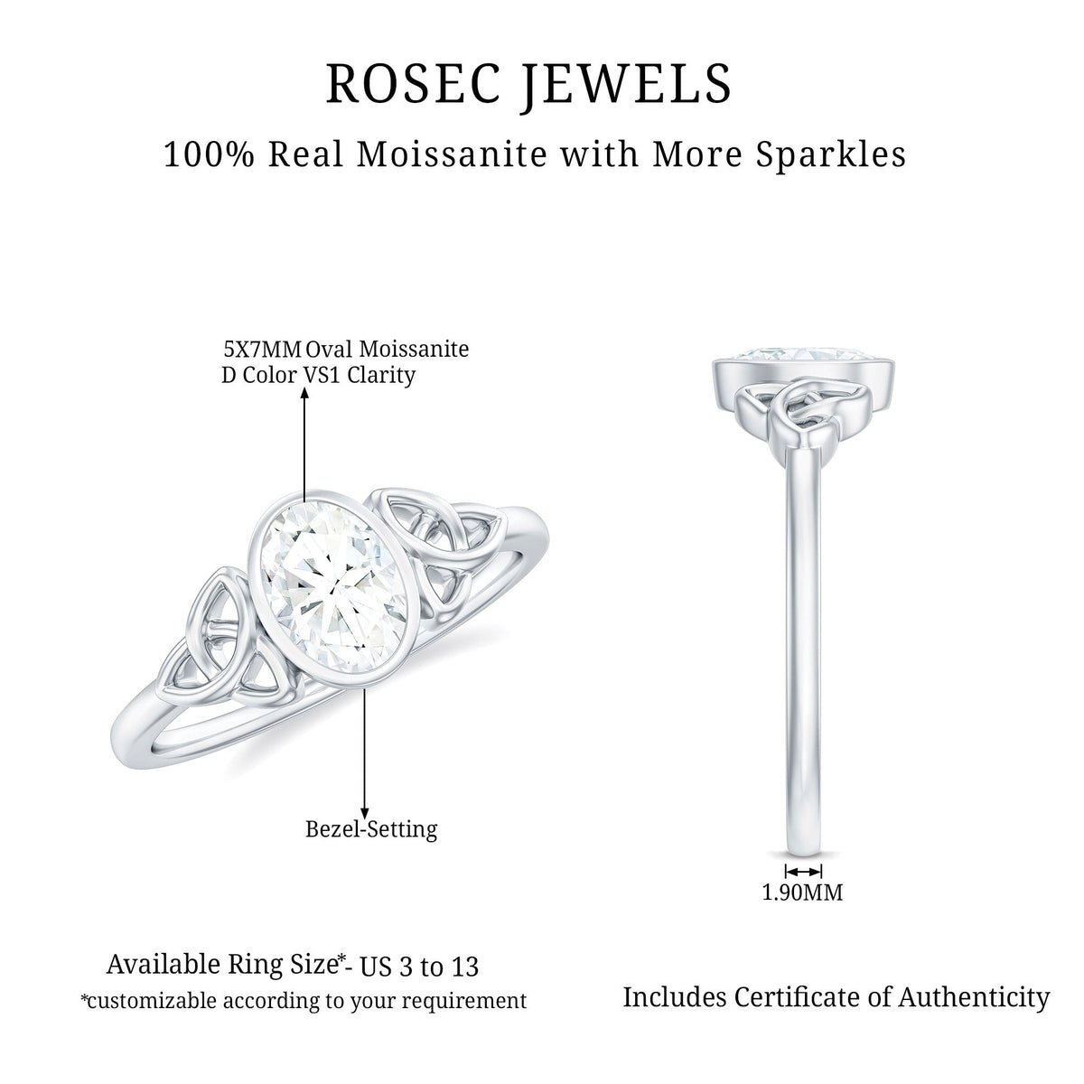 Oval Moissanite Solitaire Celtic Knot Ring in Bezel Setting