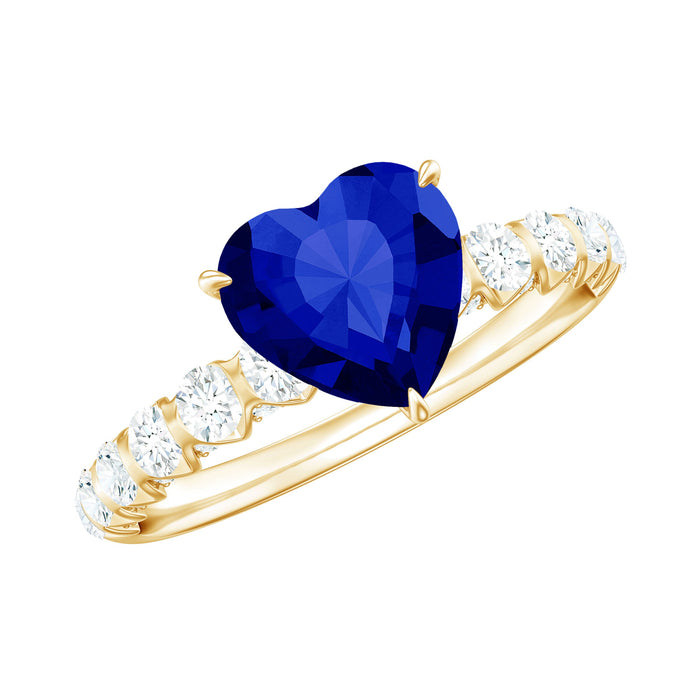 Certified 1 Carat lab-created blue sapphire heart engagement ring with diamonds by Rosec Jewels, showcasing the elegant design.