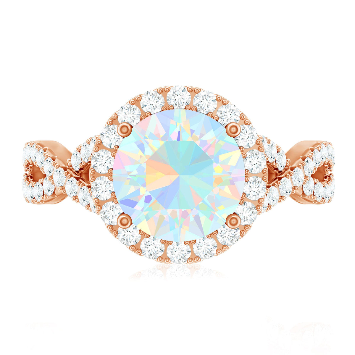 Real 8mm Ethiopian Opal Halo Engagement Ring with Crossover Shank