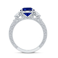 Round Created Blue Sapphire and Moissanite Art Deco Engagement Ring in Gold