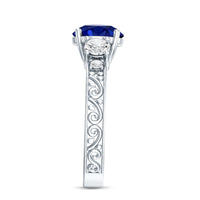 Round Created Blue Sapphire and Moissanite Art Deco Engagement Ring in Gold