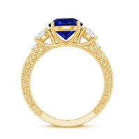 Round Created Blue Sapphire and Moissanite Art Deco Engagement Ring in Gold