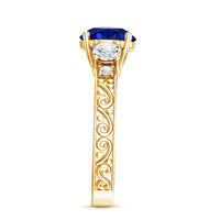 Round Created Blue Sapphire and Moissanite Art Deco Engagement Ring in Gold
