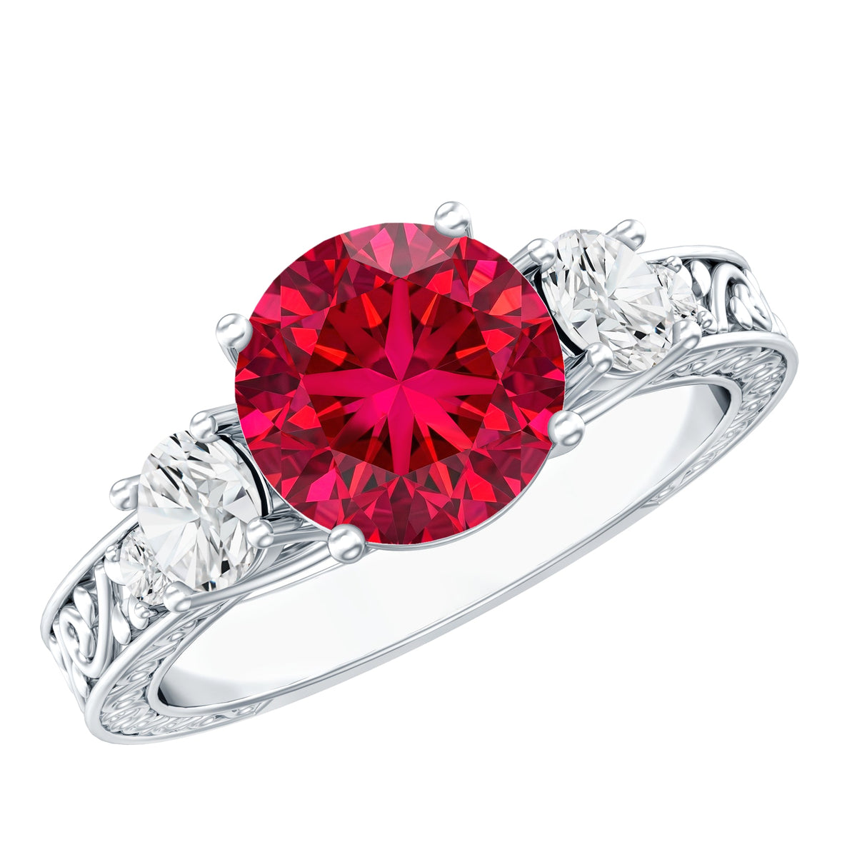 Lab Grown Ruby and Moissanite 3 Stone Engagement Ring With Certificate
