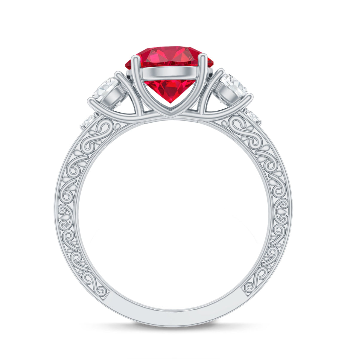 Lab Grown Ruby and Moissanite 3 Stone Engagement Ring With Certificate