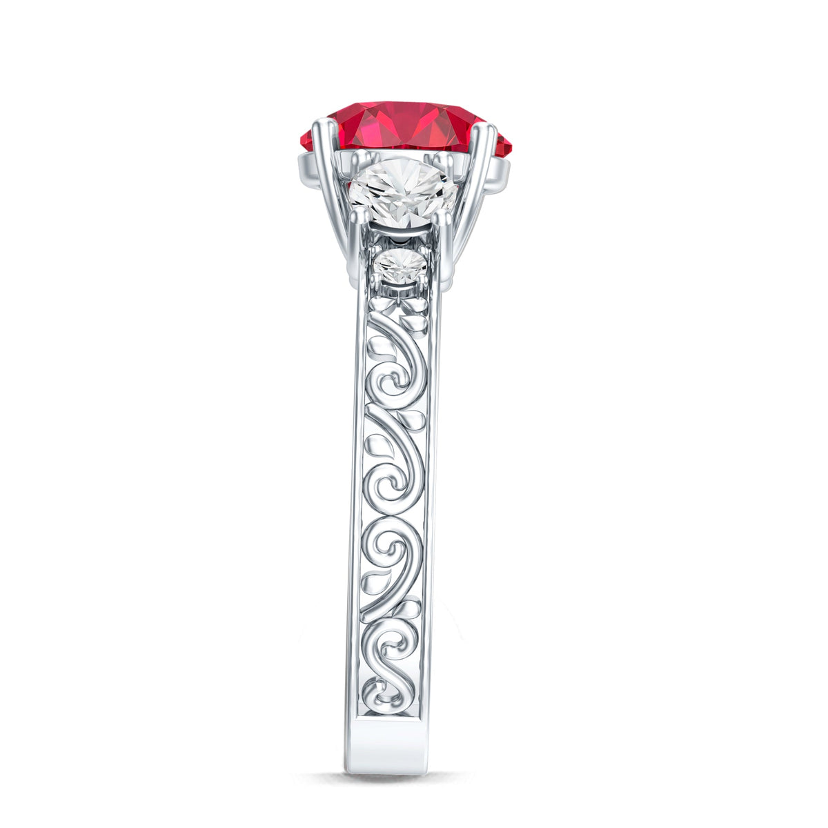 Lab Grown Ruby and Moissanite 3 Stone Engagement Ring With Certificate