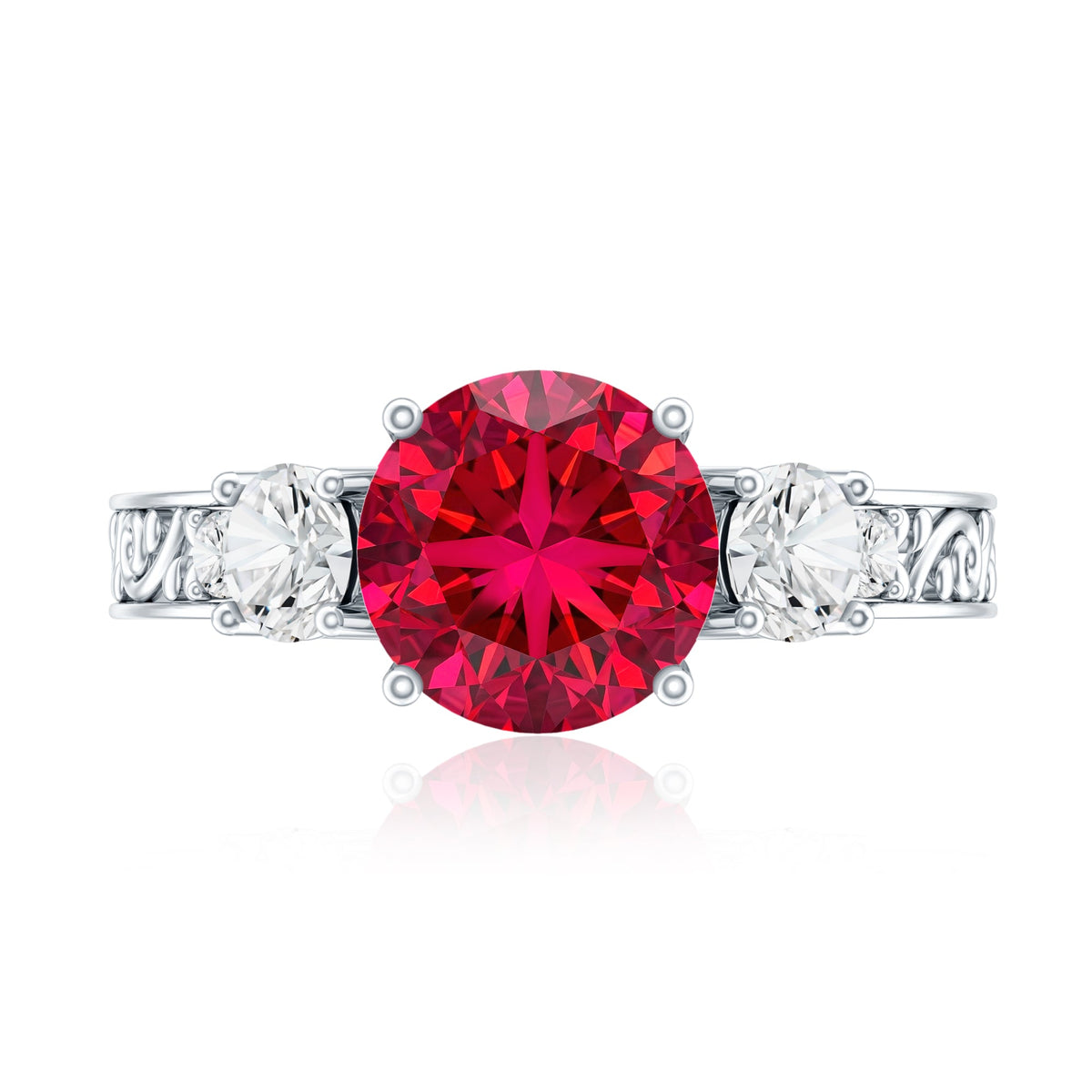 Lab Grown Ruby and Moissanite 3 Stone Engagement Ring With Certificate