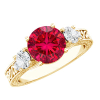 Lab Grown Ruby and Moissanite 3 Stone Engagement Ring With Certificate