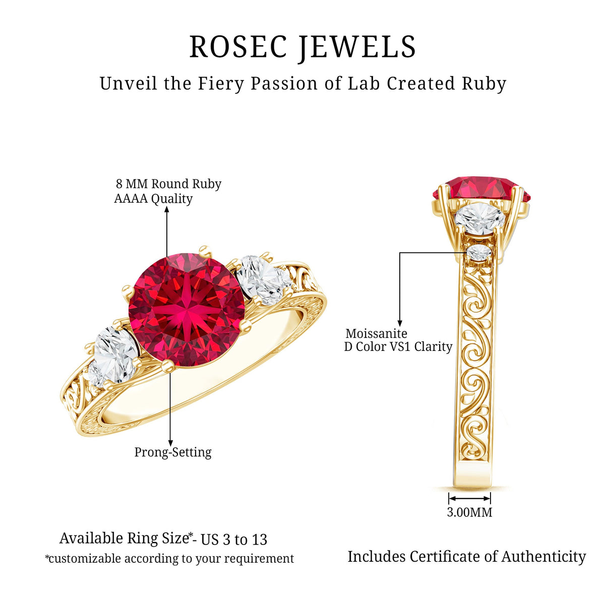 Lab Grown Ruby and Moissanite 3 Stone Engagement Ring With Certificate
