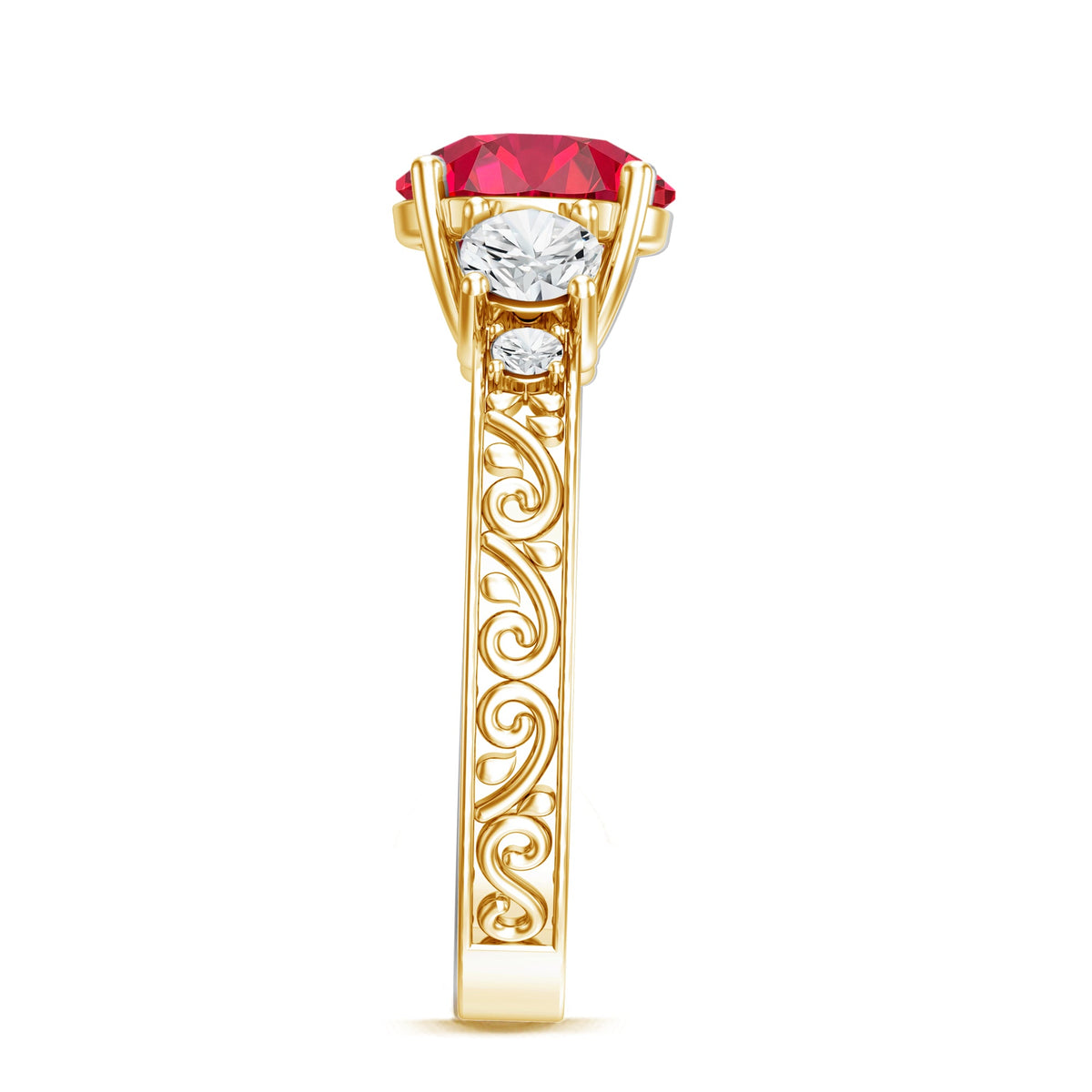 Lab Grown Ruby and Moissanite 3 Stone Engagement Ring With Certificate