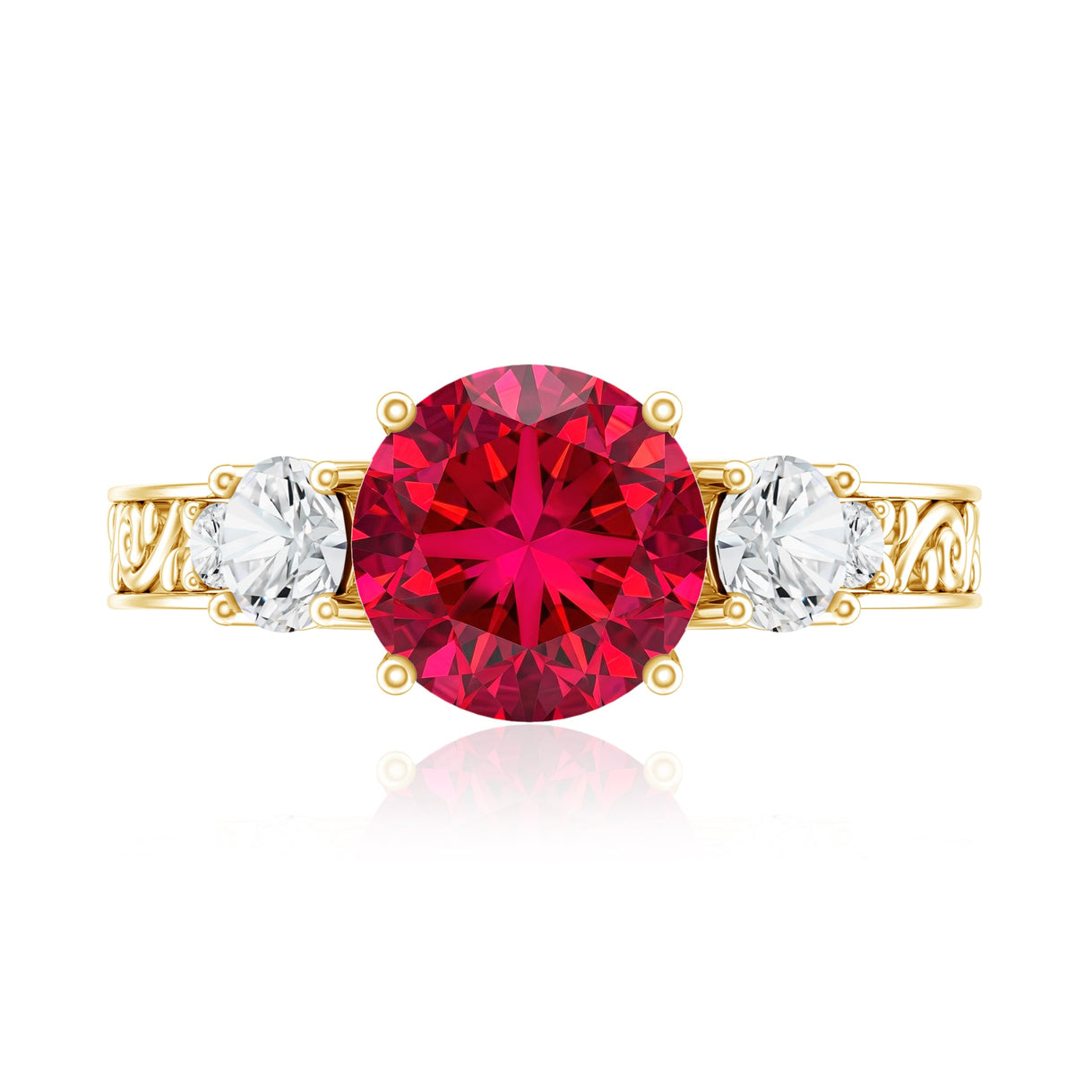 Lab Grown Ruby and Moissanite 3 Stone Engagement Ring With Certificate