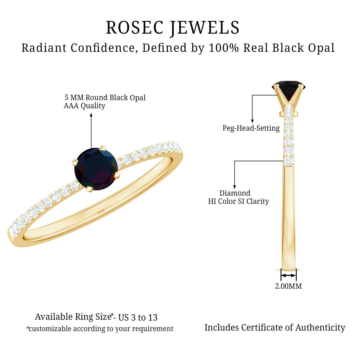 1/2 CT Round Black Opal Solitaire Engagement Ring with Diamond