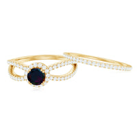 Certified Round Black Opal Wedding Ring Set with Moissanite