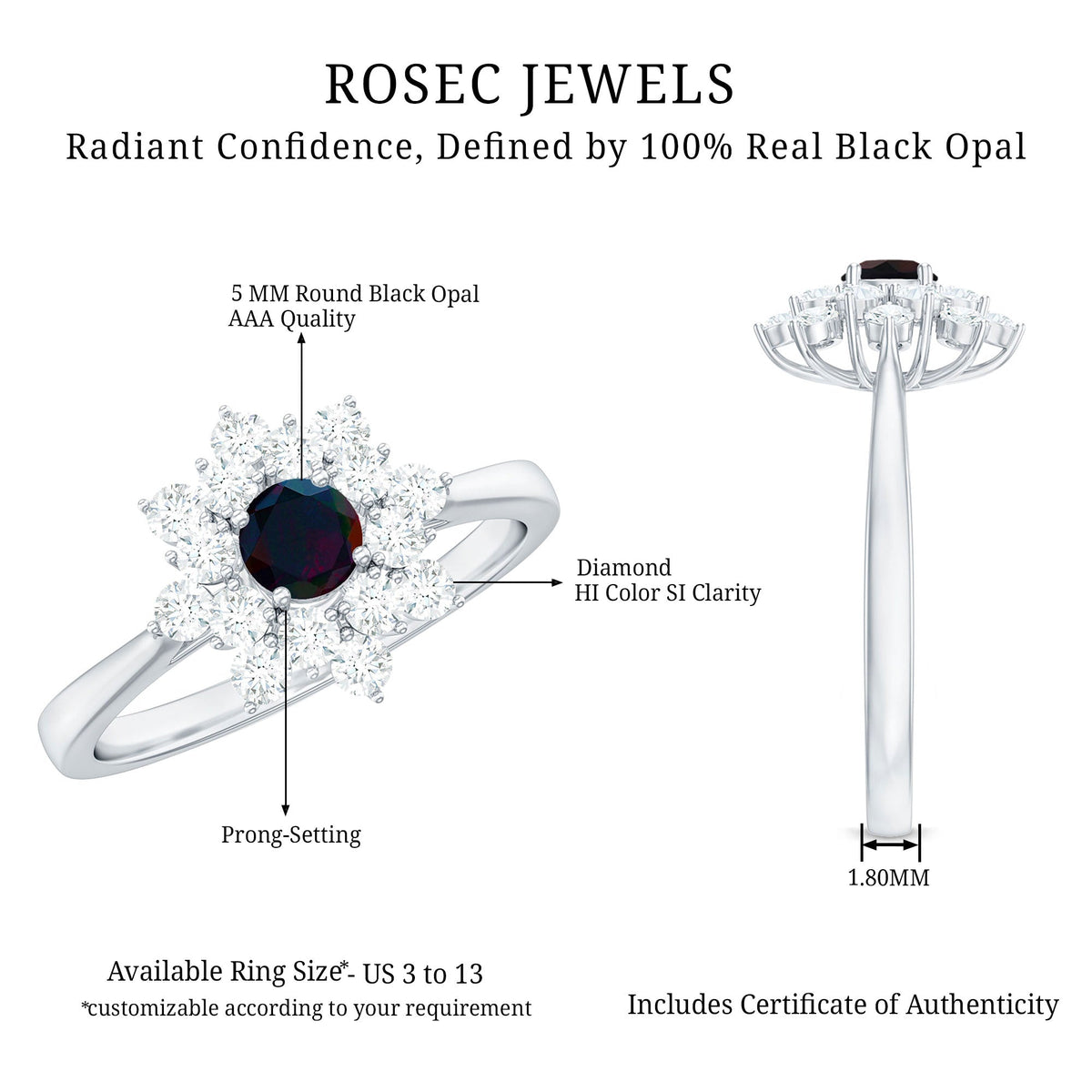 Black Opal and Diamond Flower Cluster Engagement Ring