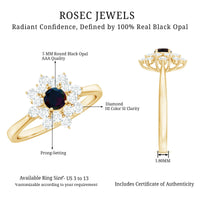 Black Opal and Diamond Flower Cluster Engagement Ring