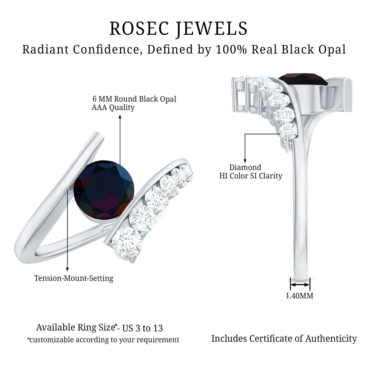 Round Black Opal Solitaire Bypass Ring with Diamond