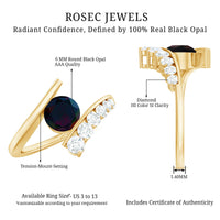 Round Black Opal Solitaire Bypass Ring with Diamond
