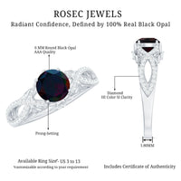 Natural Black Opal Crossover Engagement Ring with Diamond