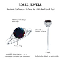 Real Black Opal Round Engagement Ring with Diamond Trio