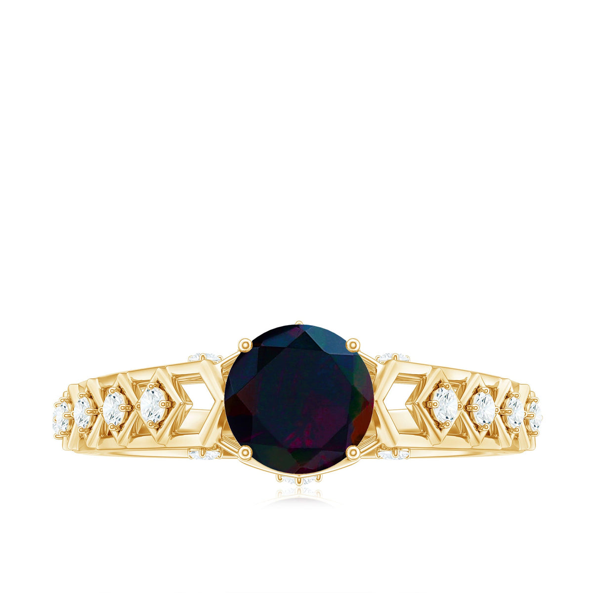 1 CT Round Black Opal Solitaire Art Deco Ring with Diamond