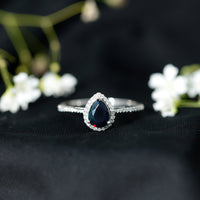 Pear Shape 1 CT Black Opal Engagement Ring with Diamond Halo