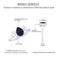 Pear Cut Black Opal Solitaire Engagement Ring with Diamond Trio