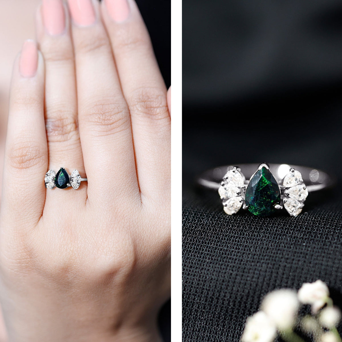 Pear Cut Black Opal Solitaire Engagement Ring with Diamond Trio