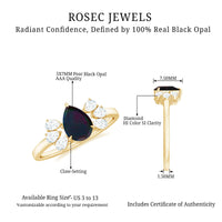 Pear Cut Black Opal Solitaire Engagement Ring with Diamond Trio