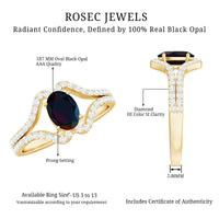 Oval Cut Black Opal and Diamond Split Shank Engagement Ring