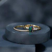 0.9 Carat Black Opal and Diamond Oval Wedding Ring Set