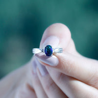 Oval Cut Natural Black Opal Designer Ring with Diamond