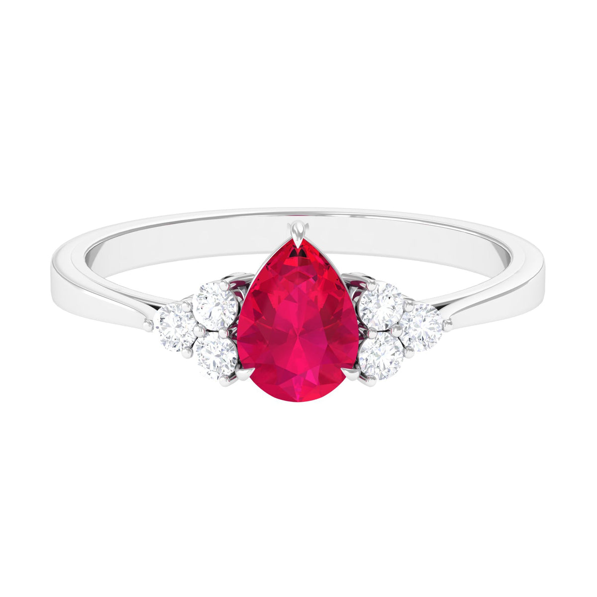 Natural 0.8 Carat Ruby teardrop engagement ring with diamond trio accents, crafted by Rosec Jewels.