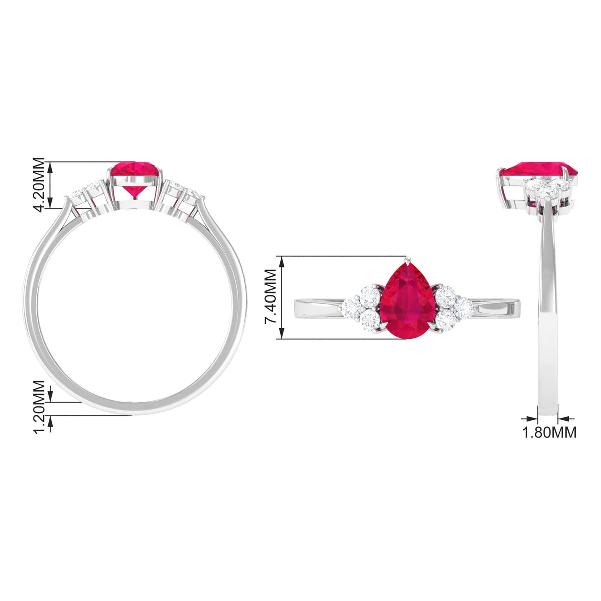 Natural 0.8 carat ruby teardrop engagement ring with diamond trio setting, showcased with intricate band detailing from Rosec Jewels.