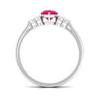 Natural 0.8 carat ruby teardrop engagement ring with diamond trio by Rosec Jewels, featuring a elegant ruby gemstone and sparkling diamonds.