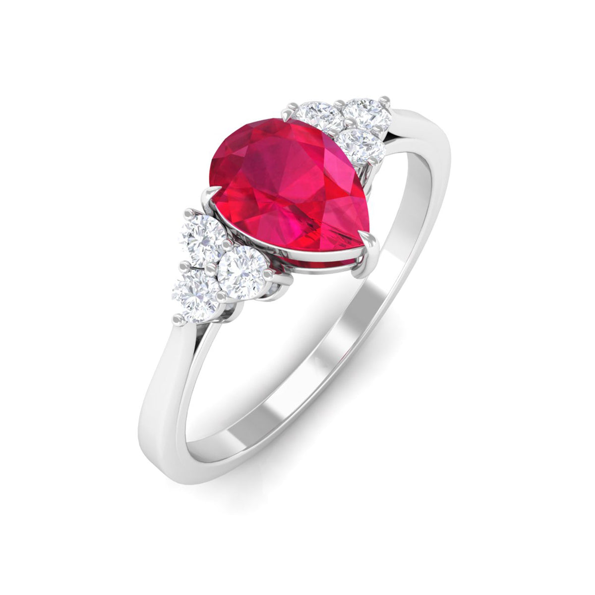 Natural 0.8 carat ruby teardrop engagement ring with diamond trio by Rosec Jewels, featuring a elegant gemstone design.