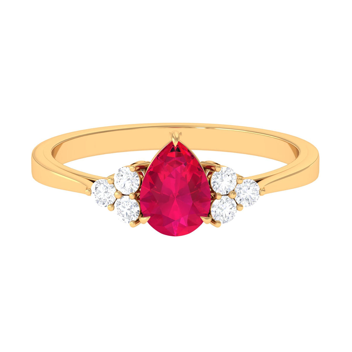 Natural 0.8 carat Ruby teardrop engagement ring with diamond trio accents, crafted by Rosec Jewels, featuring a elegant and vibrant design.