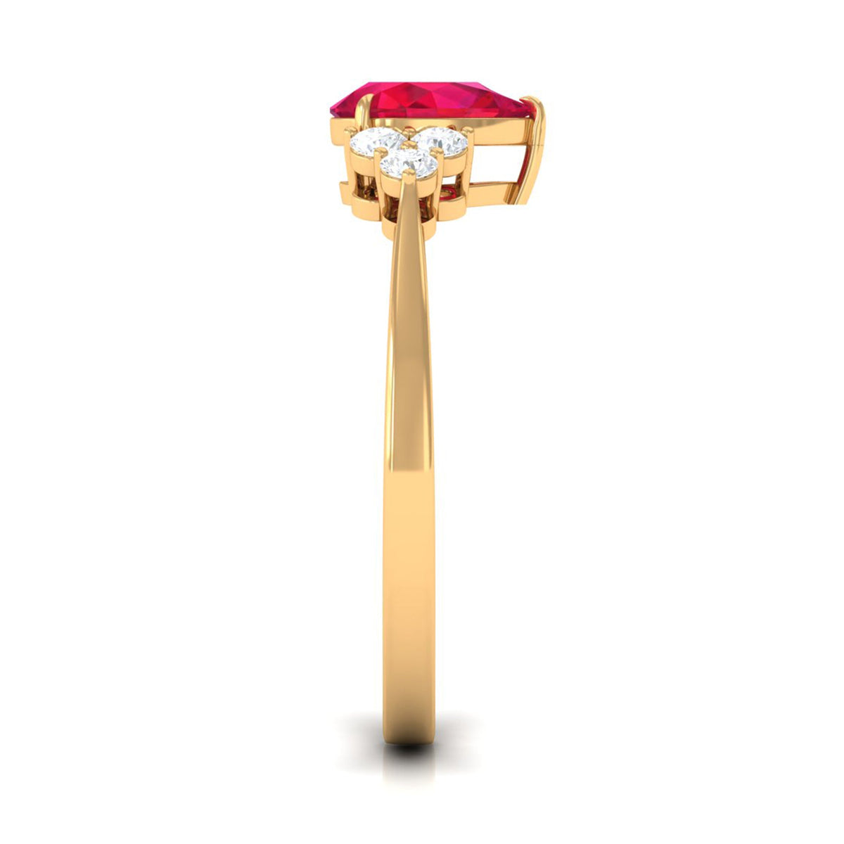 Natural 0.8 carat ruby teardrop engagement ring with diamond trio by Rosec Jewels, featuring a striking ruby and sparkling diamonds.