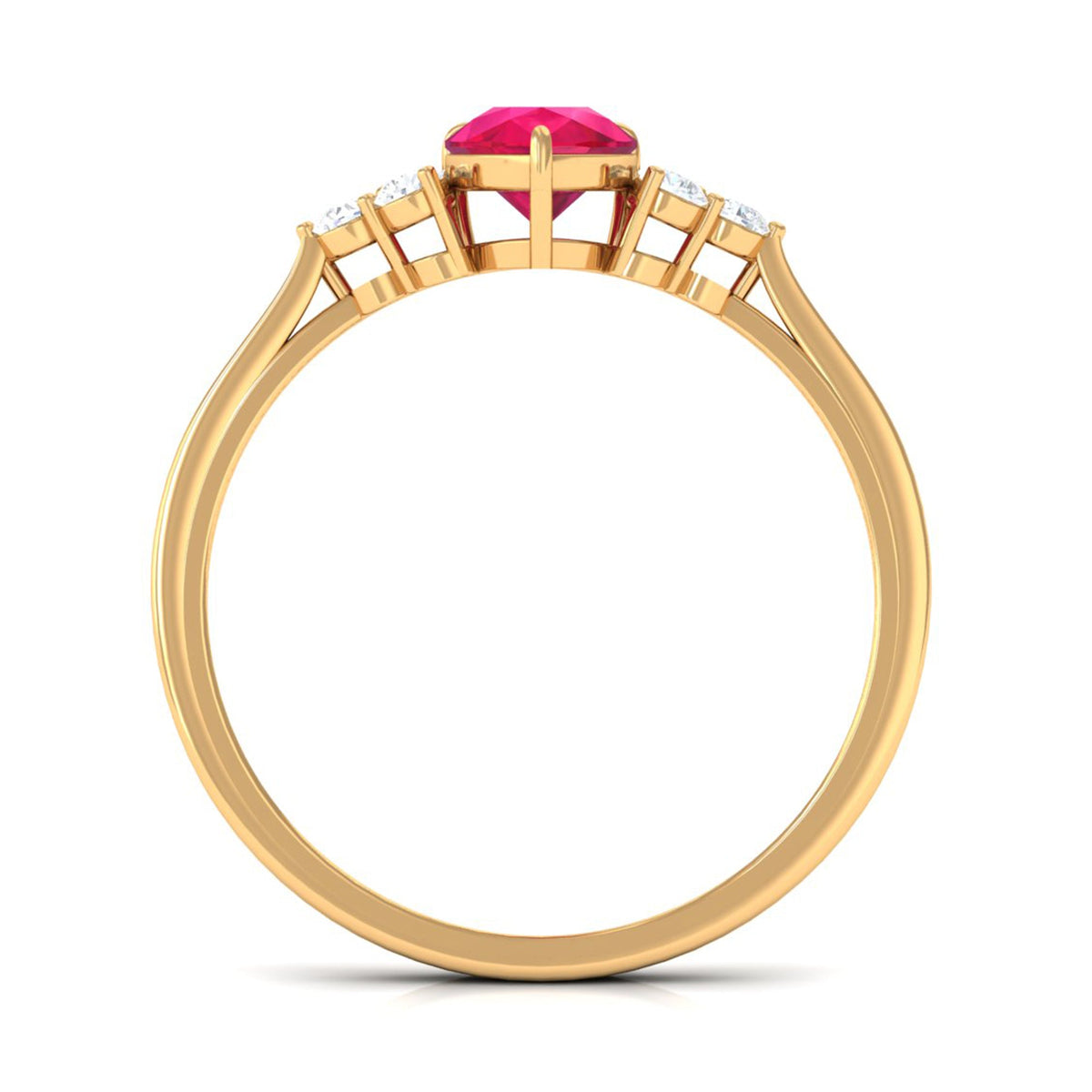 Natural 0.8 carat ruby teardrop engagement ring with diamond trio by Rosec Jewels, featuring a stunning ruby and diamond accents.