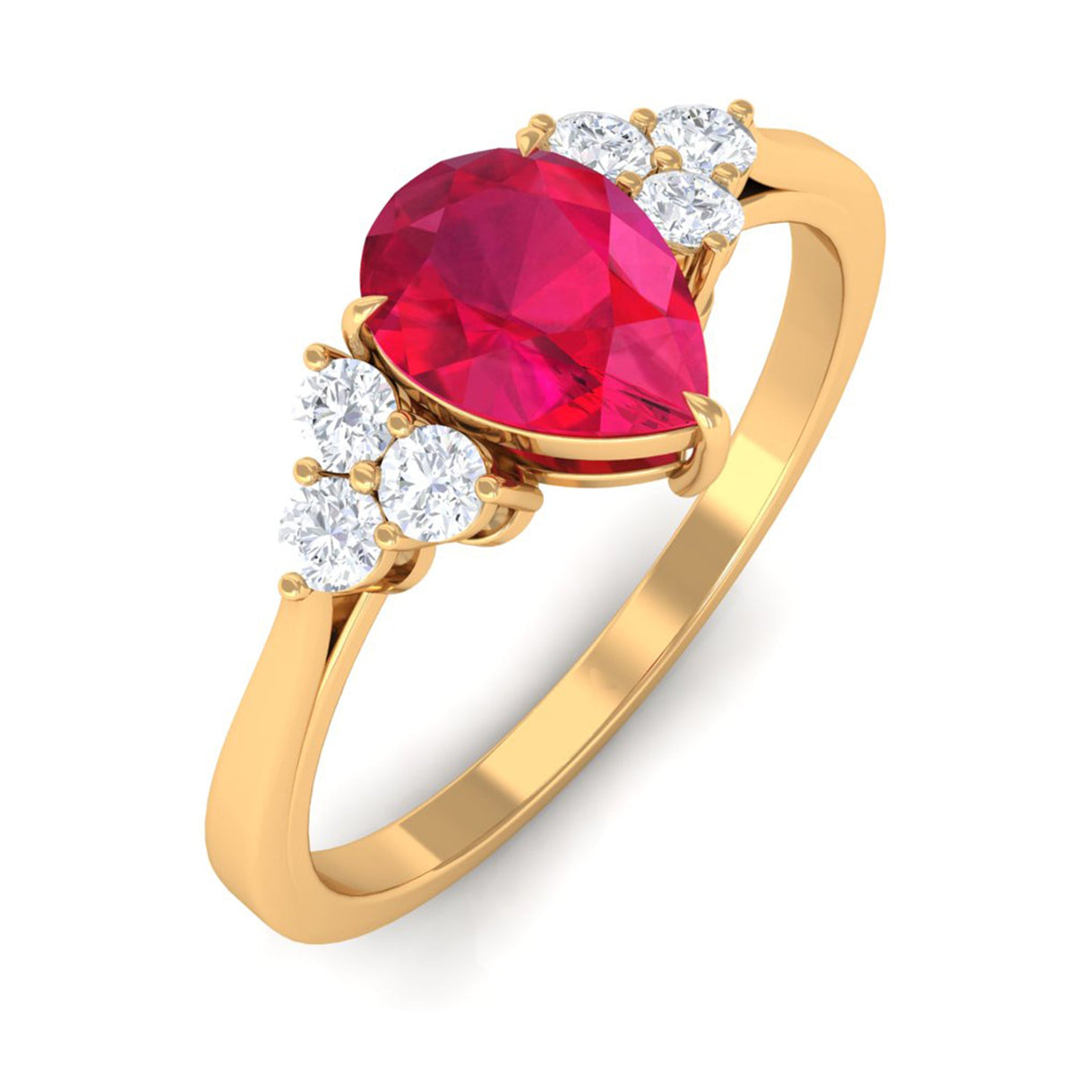 Natural 0.8 carat ruby teardrop engagement ring with diamond trio by Rosec Jewels, featuring a stunning ruby and sparkling diamonds.