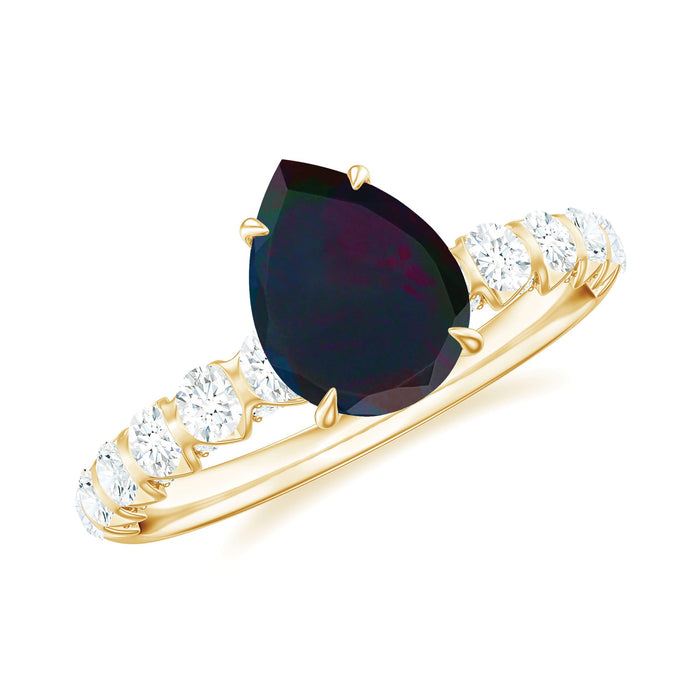 Black opal solitaire engagement ring with pear shape and diamond accents from Rosec Jewels, featuring a sleek, elegant design.